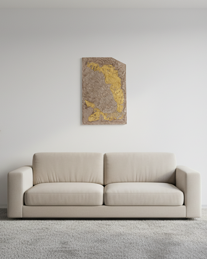 Beige sofa in a minimalistic living room with a abstract concrete wall art  on the wall.