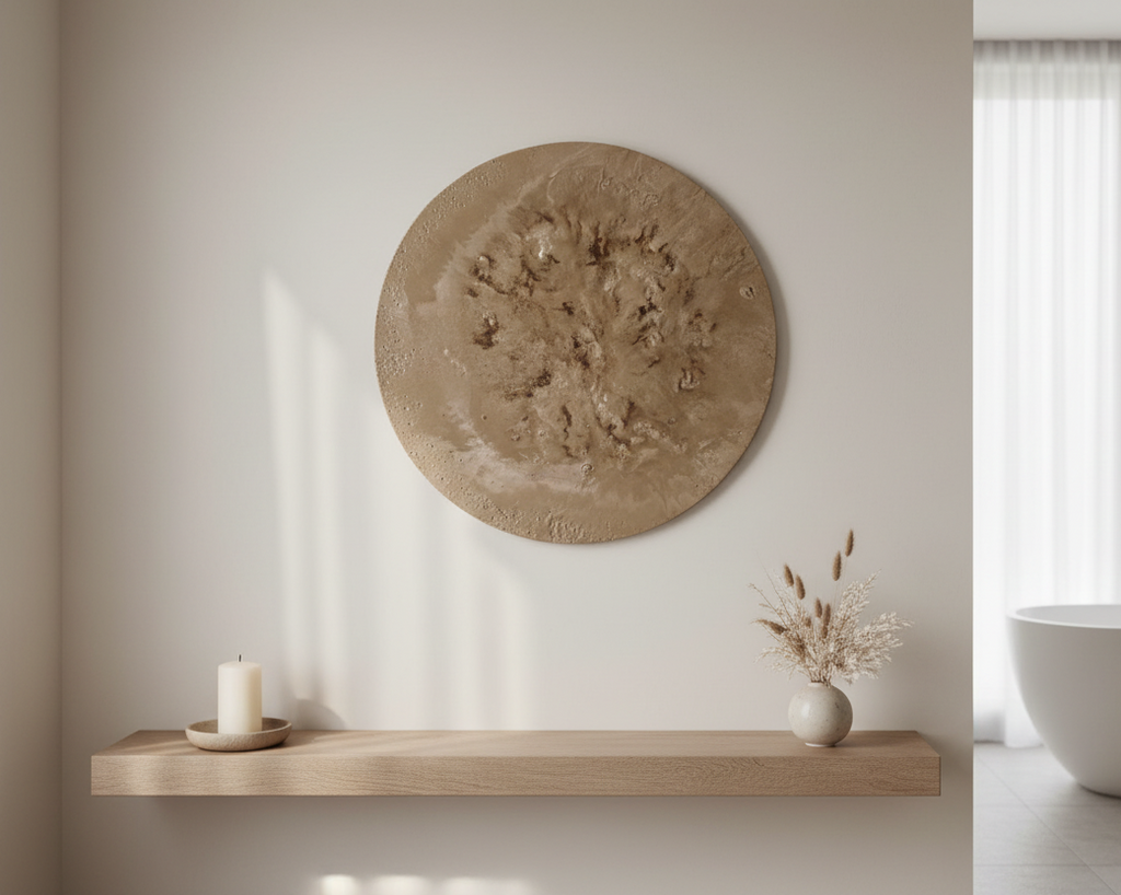 Strata Round Concrete & Resin Wall Art - Textured Beige Panel (50 cm)