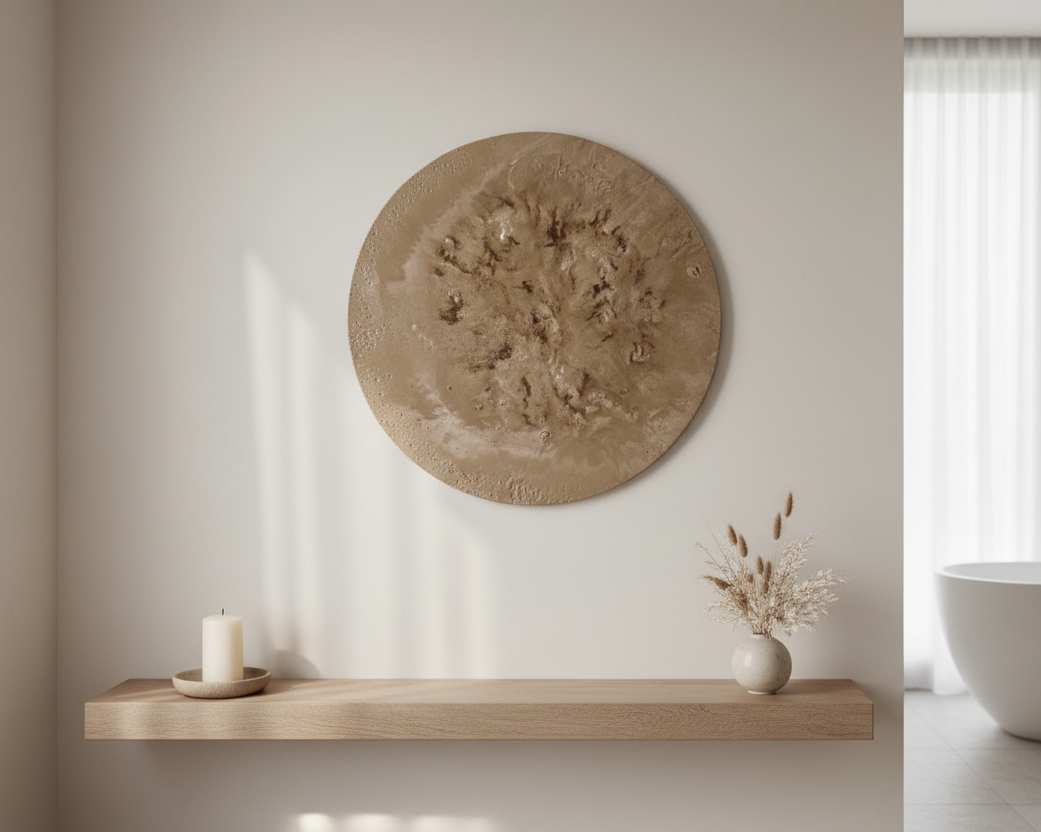 Strata Round Concrete & Resin Wall Art - Textured Beige Panel (50 cm)