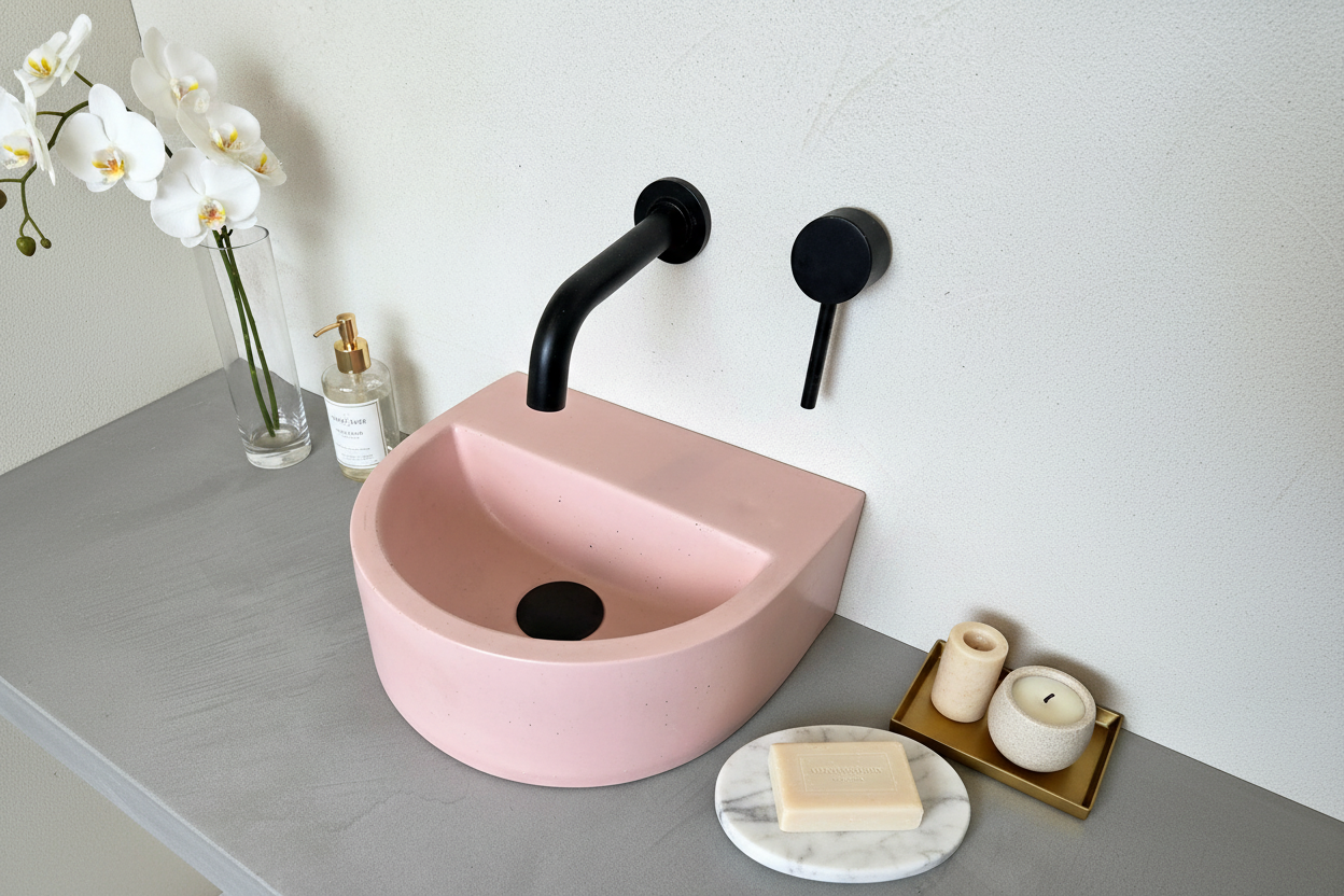 ONIK concrete basin with curved front and rear ledge in a small contemporary bathroom