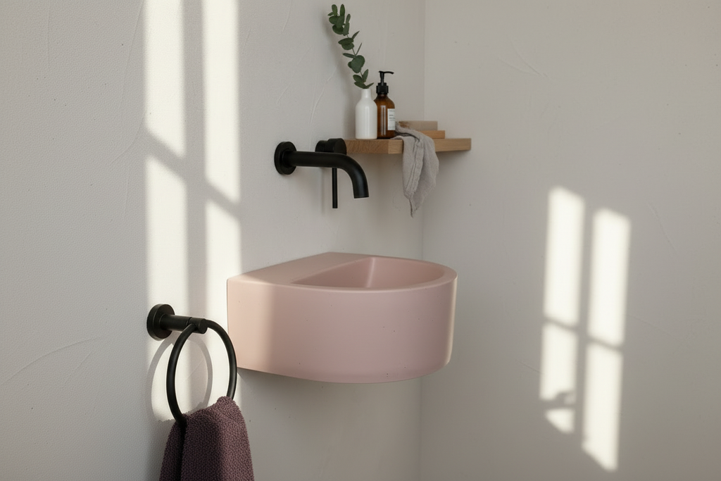 Compact half-round concrete sink with integrated shelf installed as a wall-mounted vanity