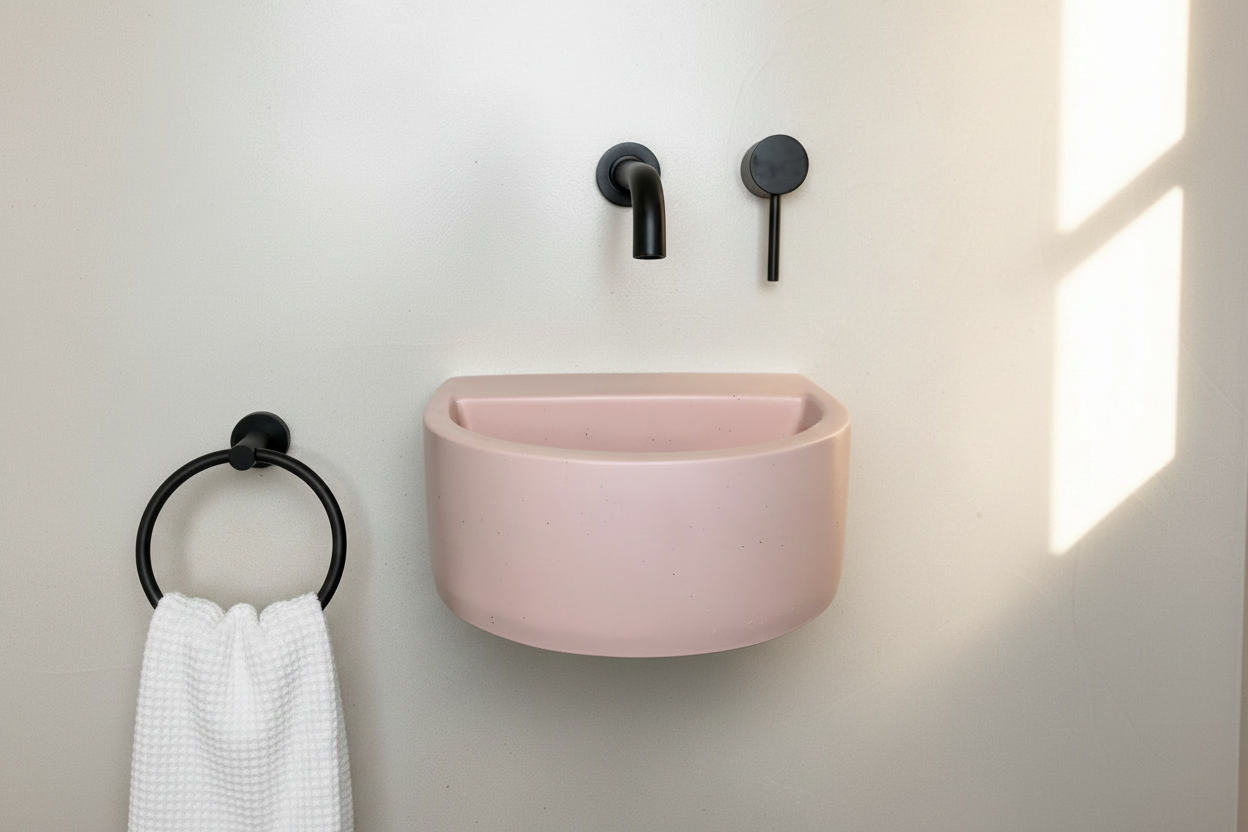 Small bathroom concrete basin with curved form and rear storage ledge, wall-mounted installation