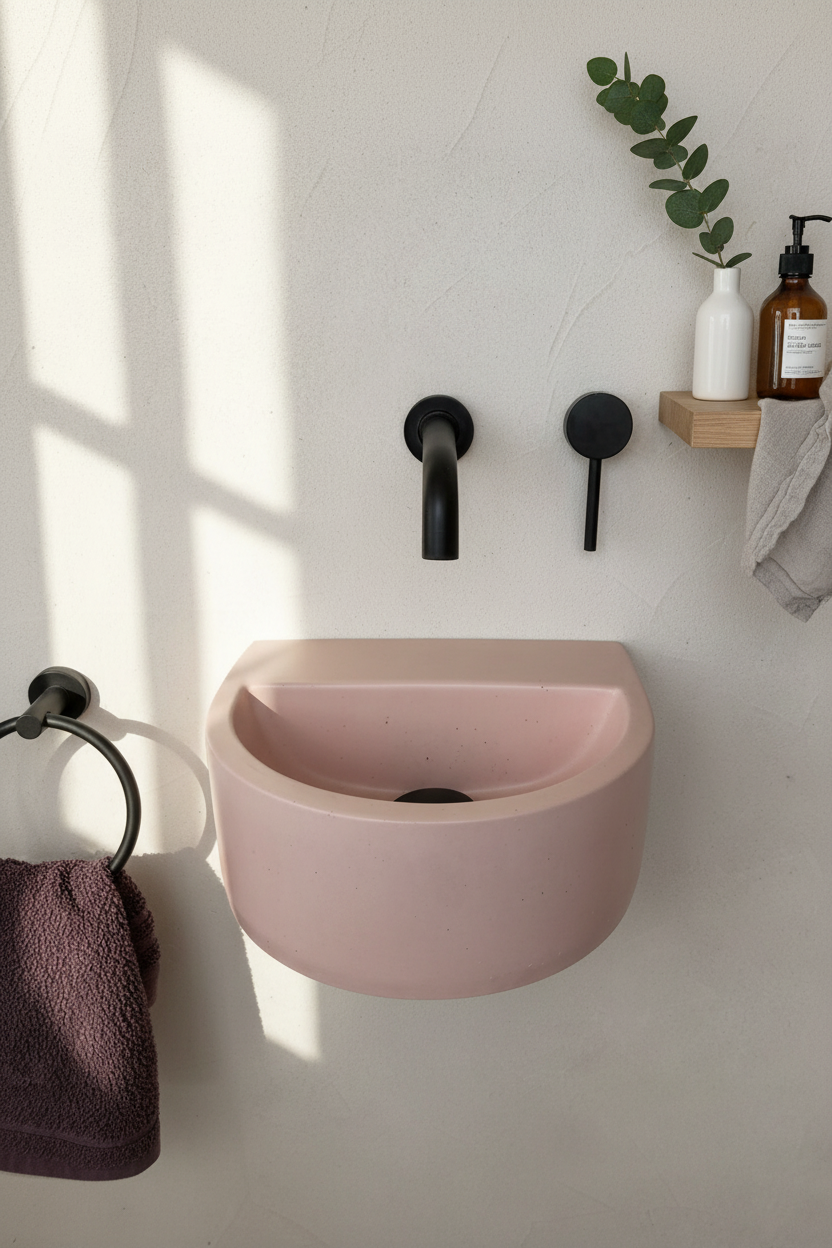 Wall-mounted semi-oval concrete basin with rear ledge in a modern minimalist bathroom