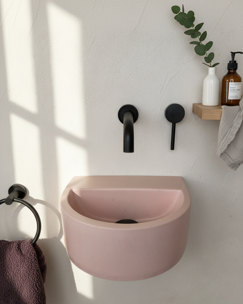 Wall-mounted semi-oval concrete basin with rear ledge in a modern minimalist bathroom