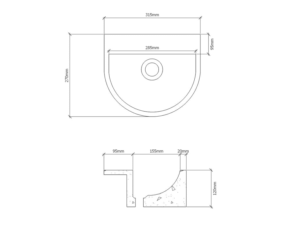 A detailed technical drawing of ONIK concrete basin with dimensions and cross section