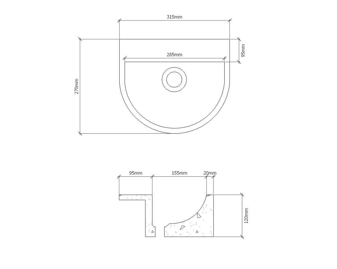 A detailed technical drawing of ONIK concrete basin with dimensions and cross section