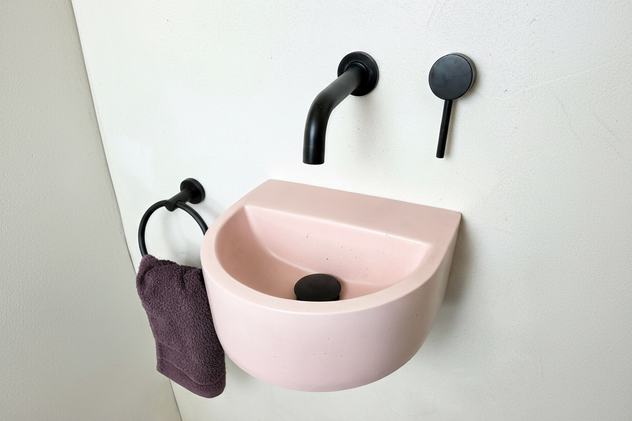 Space-saving wall-mounted concrete sink with semi-oval shape and practical back ledge