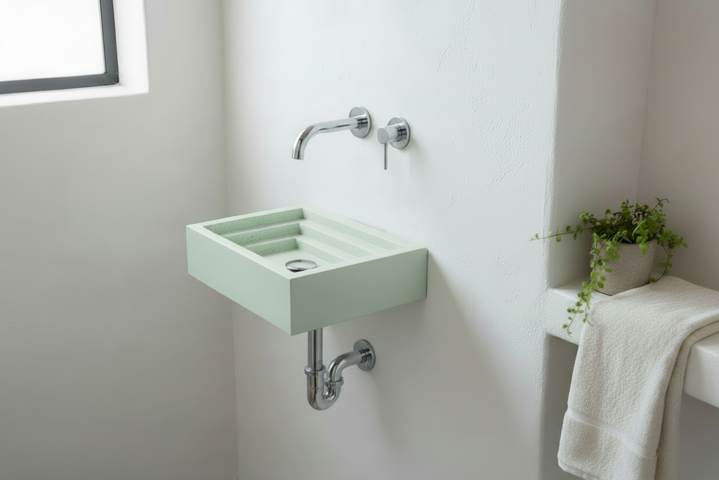 Light green concrete sink mounted on a white bathroom wall with a plant and towel in the background.