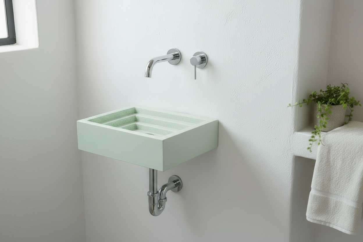Green concrete sink mounted on a white wall with a plant and towel in the background