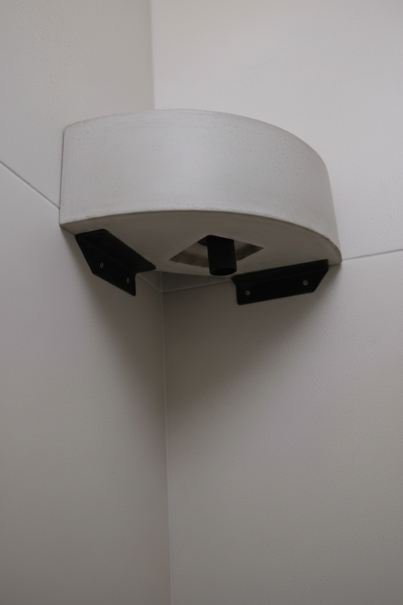 wall mounted grey concrete sink shown from an angled corner view