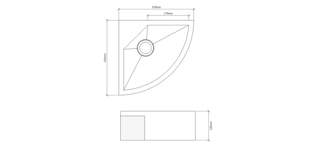 corner concrete sink product drawing with dimensions and top and side view