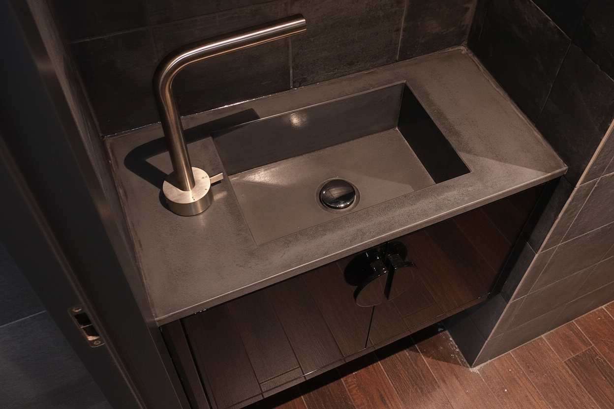 A bespoke concrete vanity top colour-matched to the bathroom tiles colour and templated on site to ensure perfect fit in narrow space.