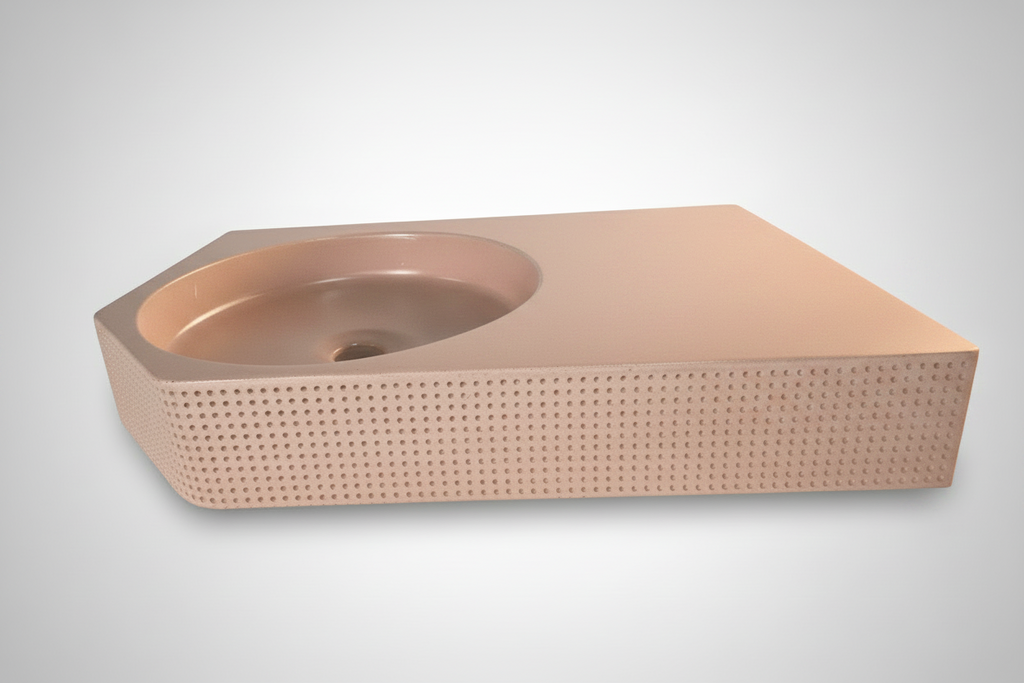 front view of textured concrete vanity face