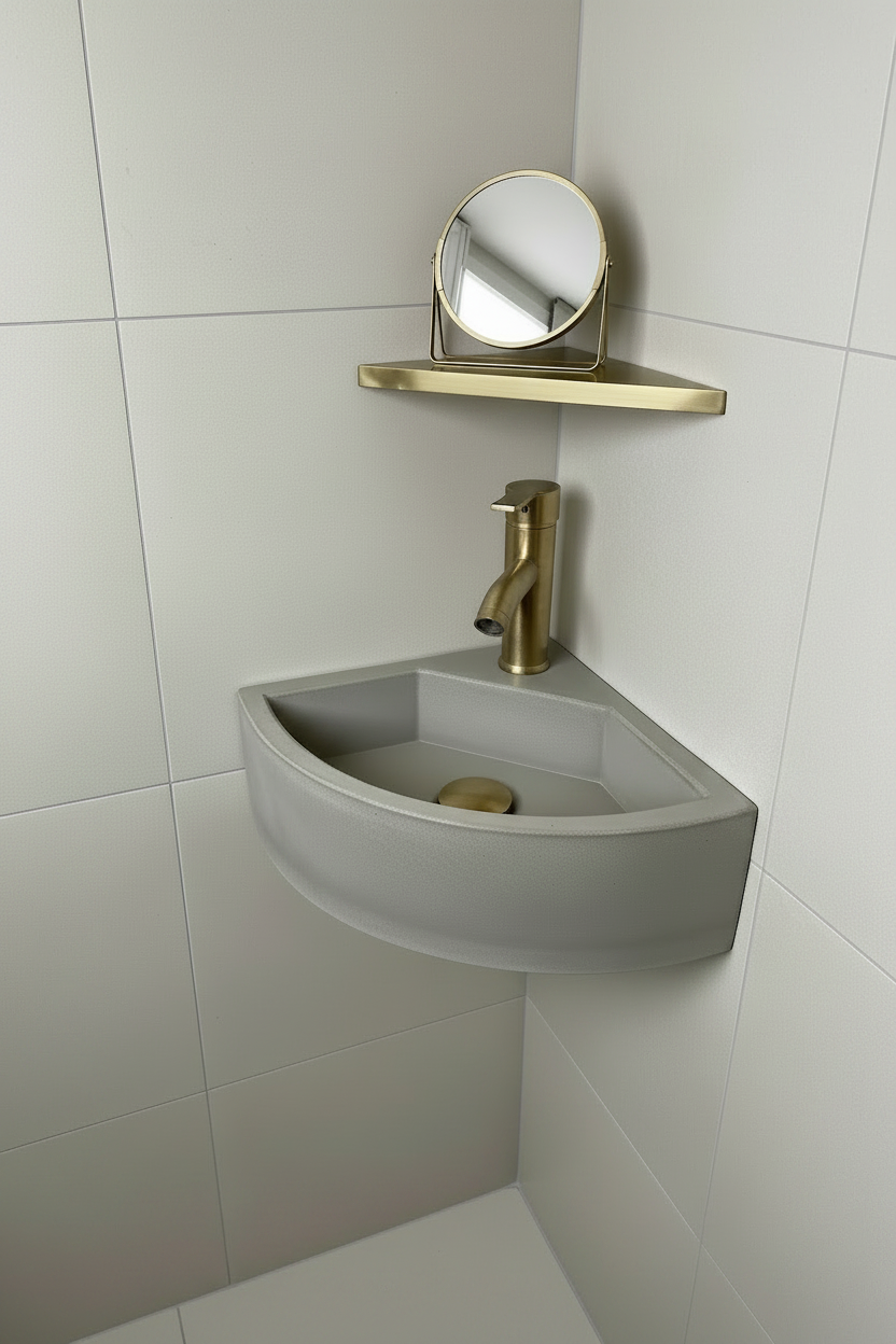 concrete bathroom sink, wall mounted with brushed brass accessories