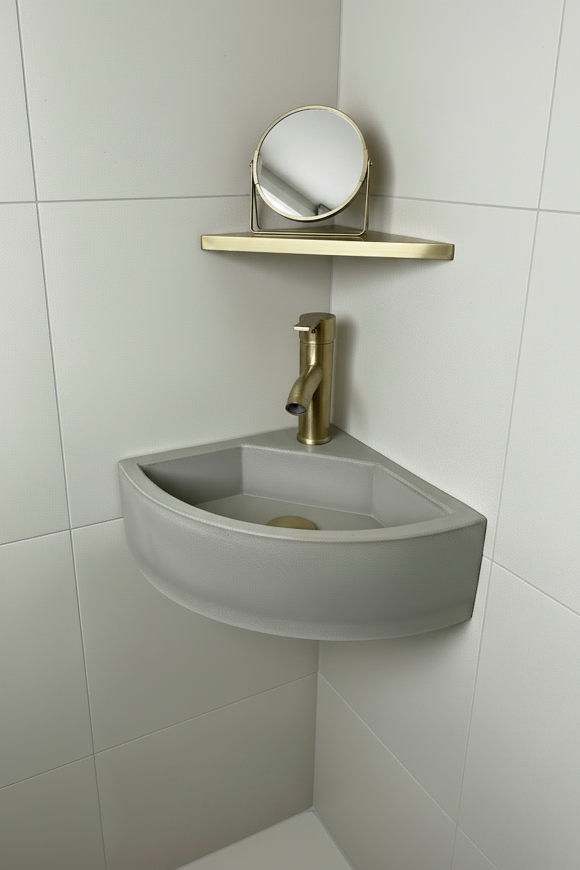front angle view of a grey concrete wall mounted sink