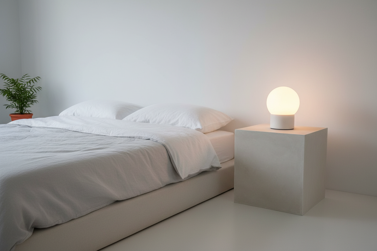 cube bed end table in off white microcement finish, in a minimal bedroom
