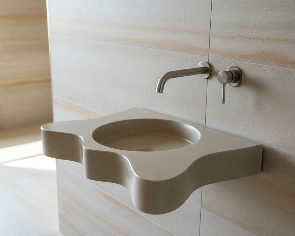 wall hung concrete vanity with wavy shape and natural soft rown tone