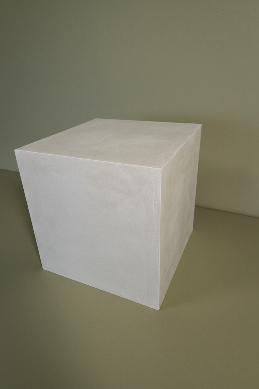Off-white cube end table with a neutral background