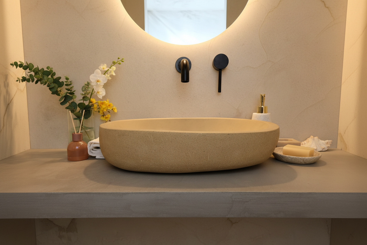 Beige concrete oval sink with organic shape on a bathroom counter with decorative elements