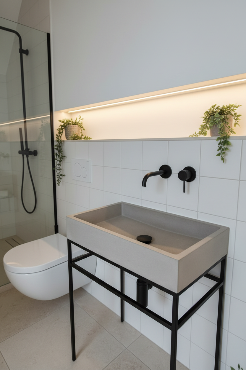 close up of grey concrete sink  with black accessories in modern minimalistic bathroom