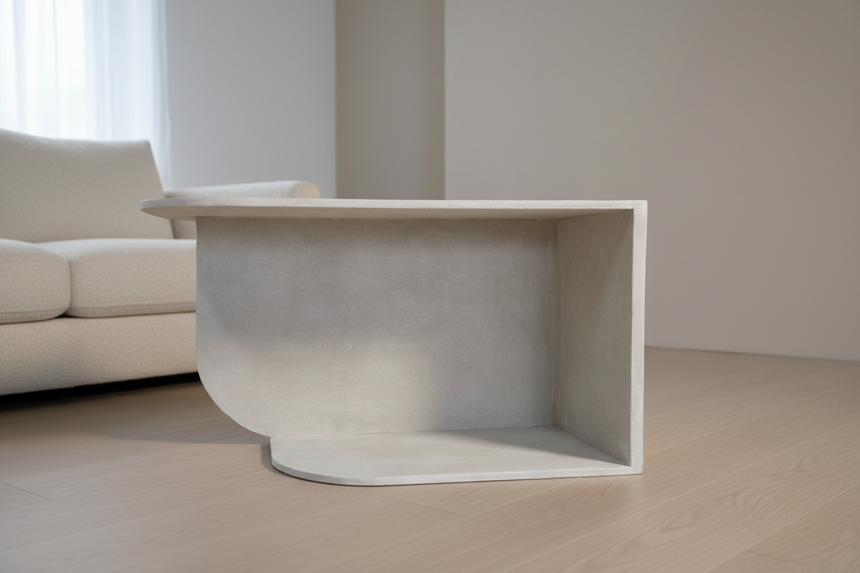 sculptural table with microcement finish and open storage on both sides in a neural living room