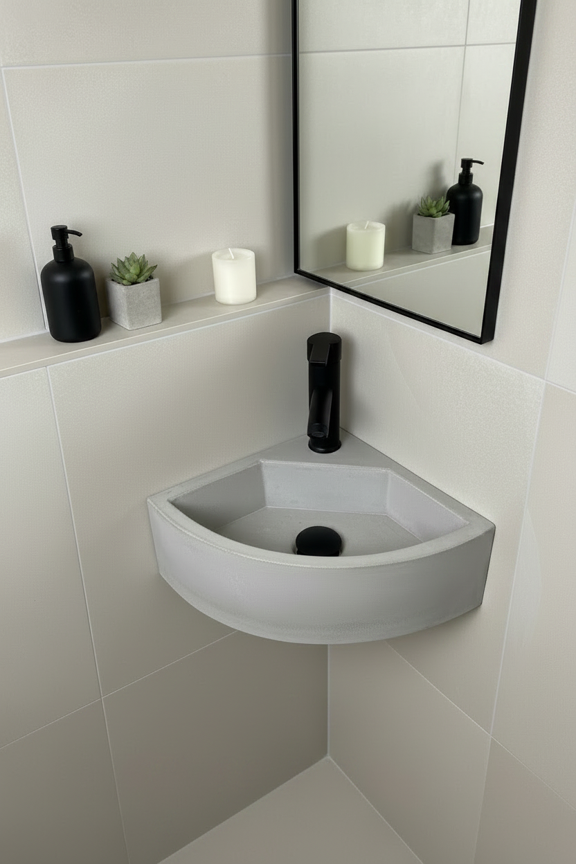 grey bathroom sink made of concrete with lack accessories
