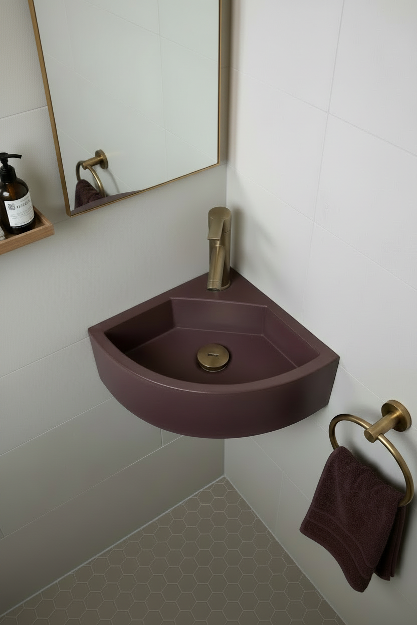wall mounted corner concrete sink in burgundy with brushed brass fittings