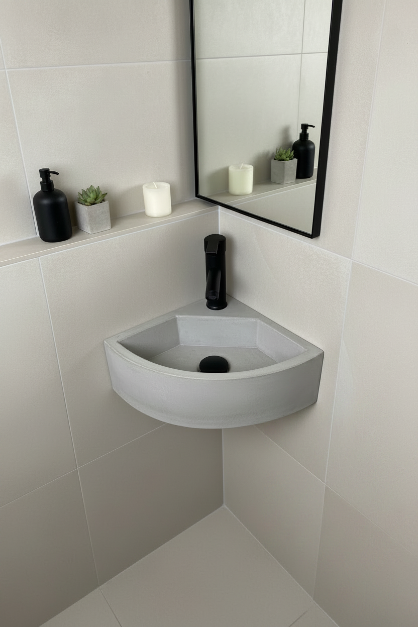 bathroom in grey with wall mounted concrete sink and black accessories