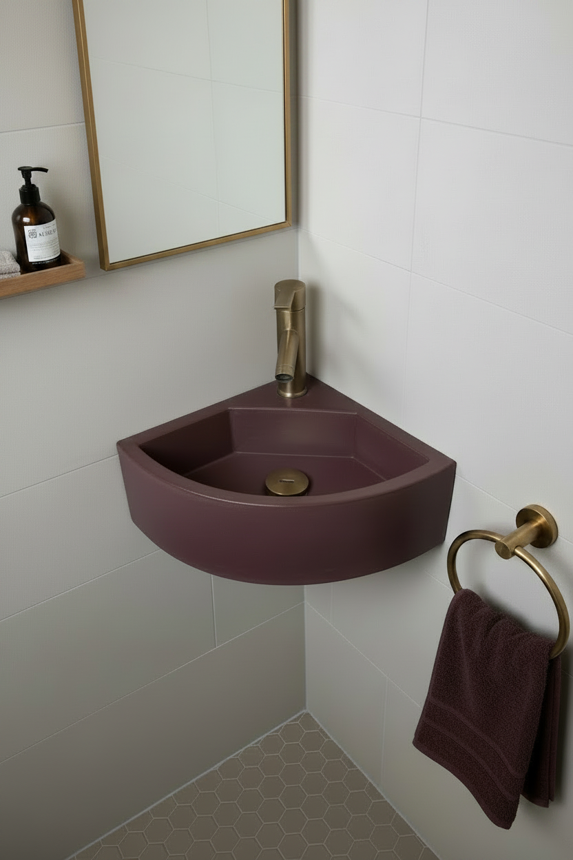 concrete corner sink in burgundy with brushed brass tap, waste and towel holder