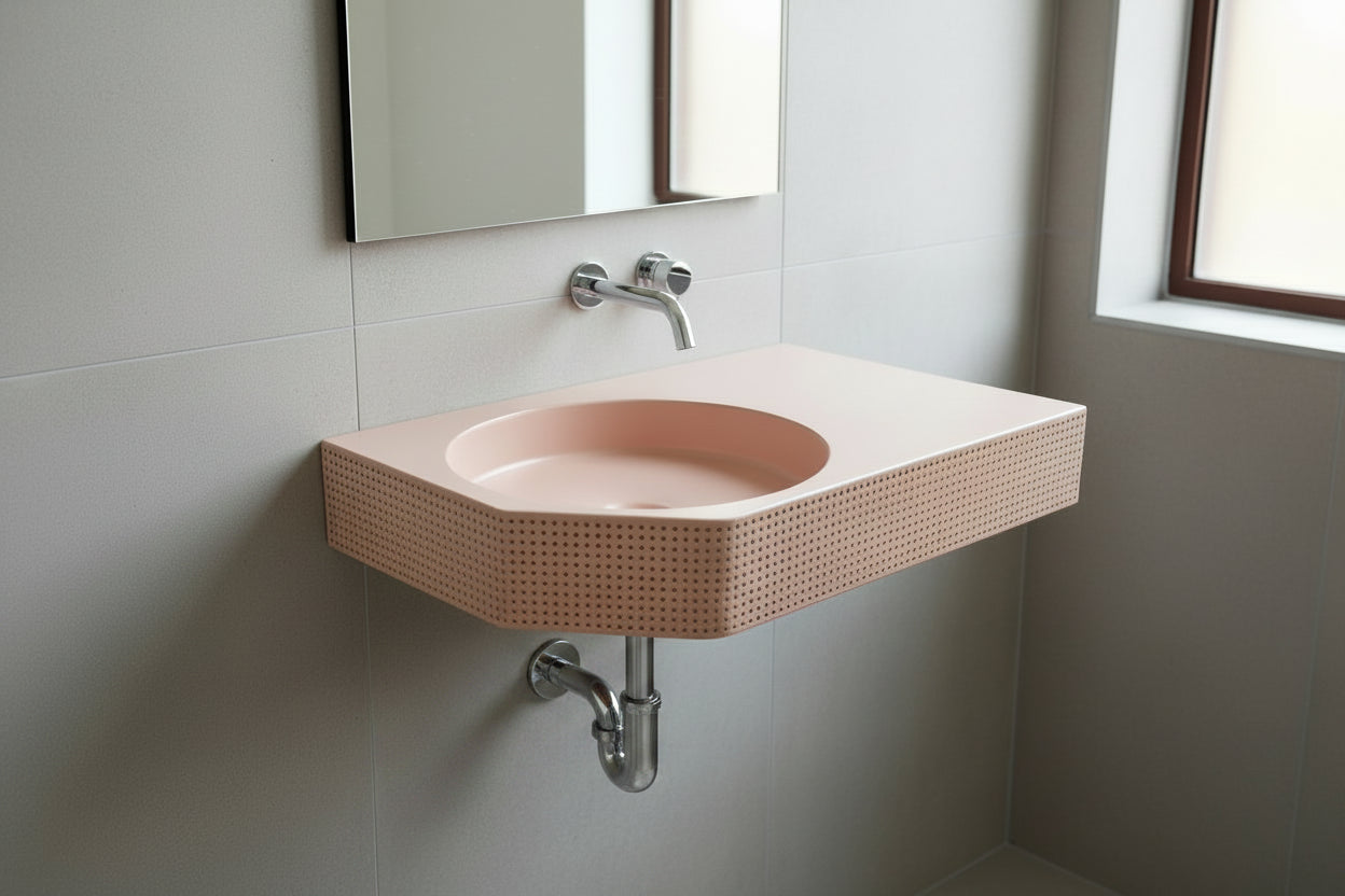 piink concrete sink wall mounted in a minimal modern bathroom
