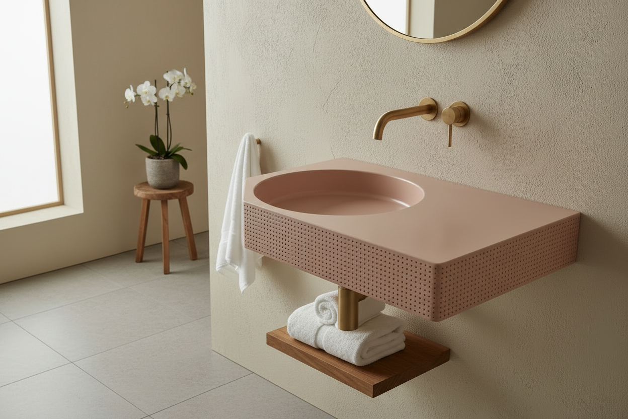 Sculptural concrete basin with tactile texture