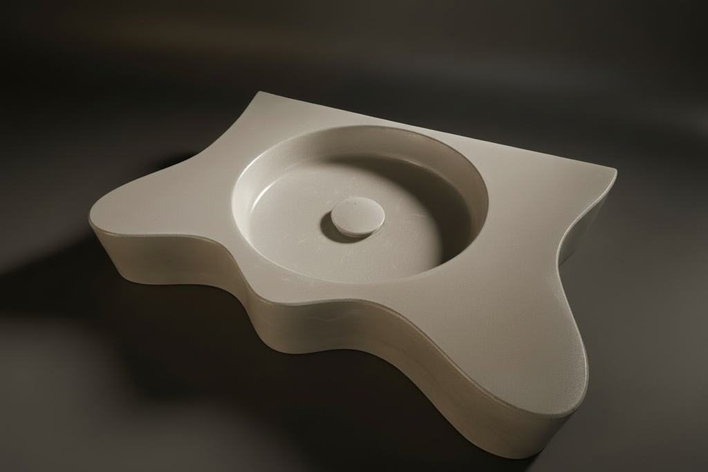 plana concrete vanity on dark background showcasing shape and form