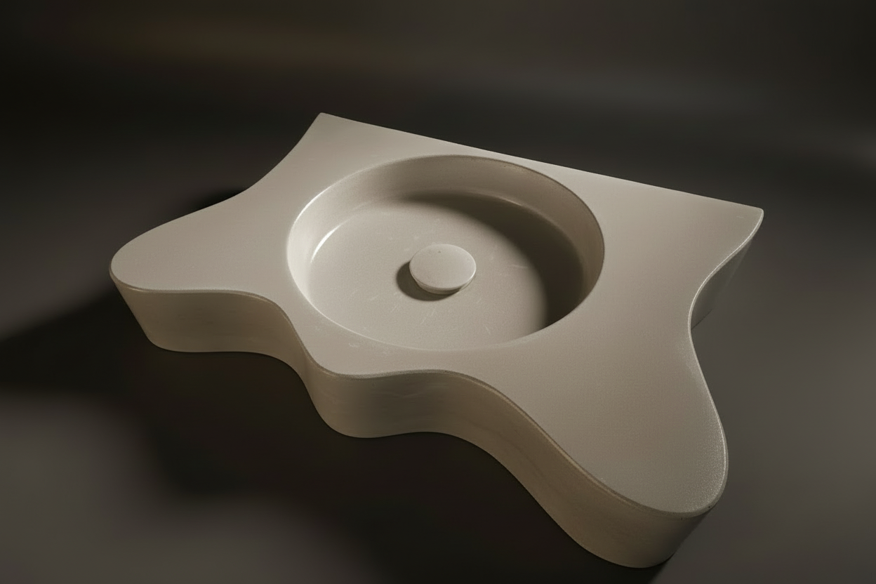 plana concrete vanity on dark background showcasing shape and form