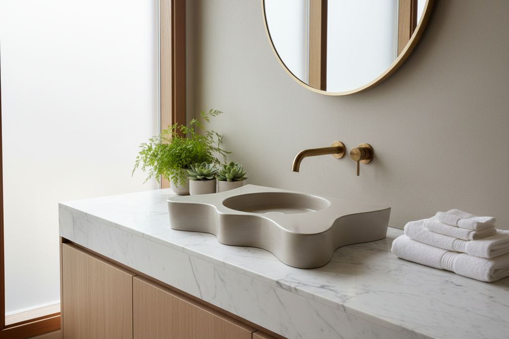 concrete vanity with wave like shape lifestyle shoot from an angle