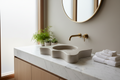 concrete vanity with wave like shape lifestyle shoot from an angle